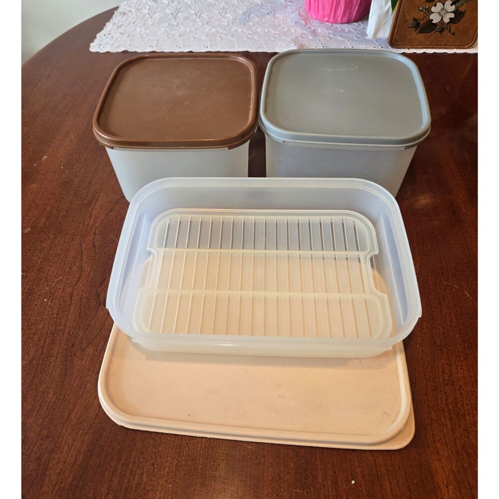 Vintage Tupperware Rectangular Plastic Storage Container Set 3pc 2.6L Snap Lids